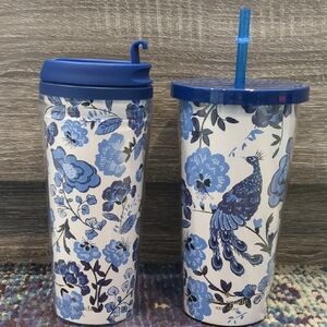 Kate Spade Blue Floral Peacock Tumbler & Straw Cup Set